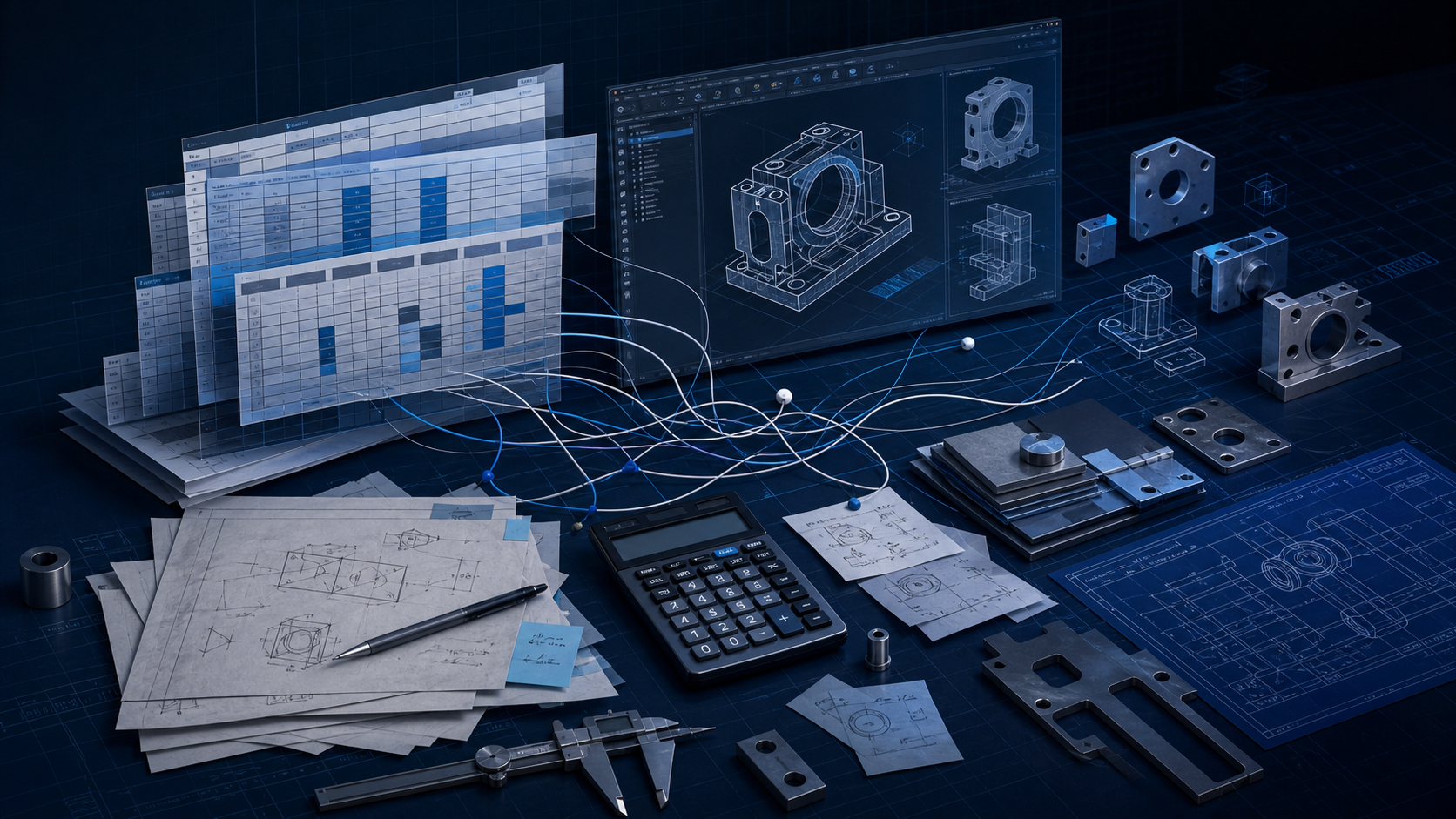 Technischer Kalkulationsarbeitsplatz mit CAD-Modellen, Tabellen, Messungen und einem Rechner in einem vernetzten Arbeitsablauf